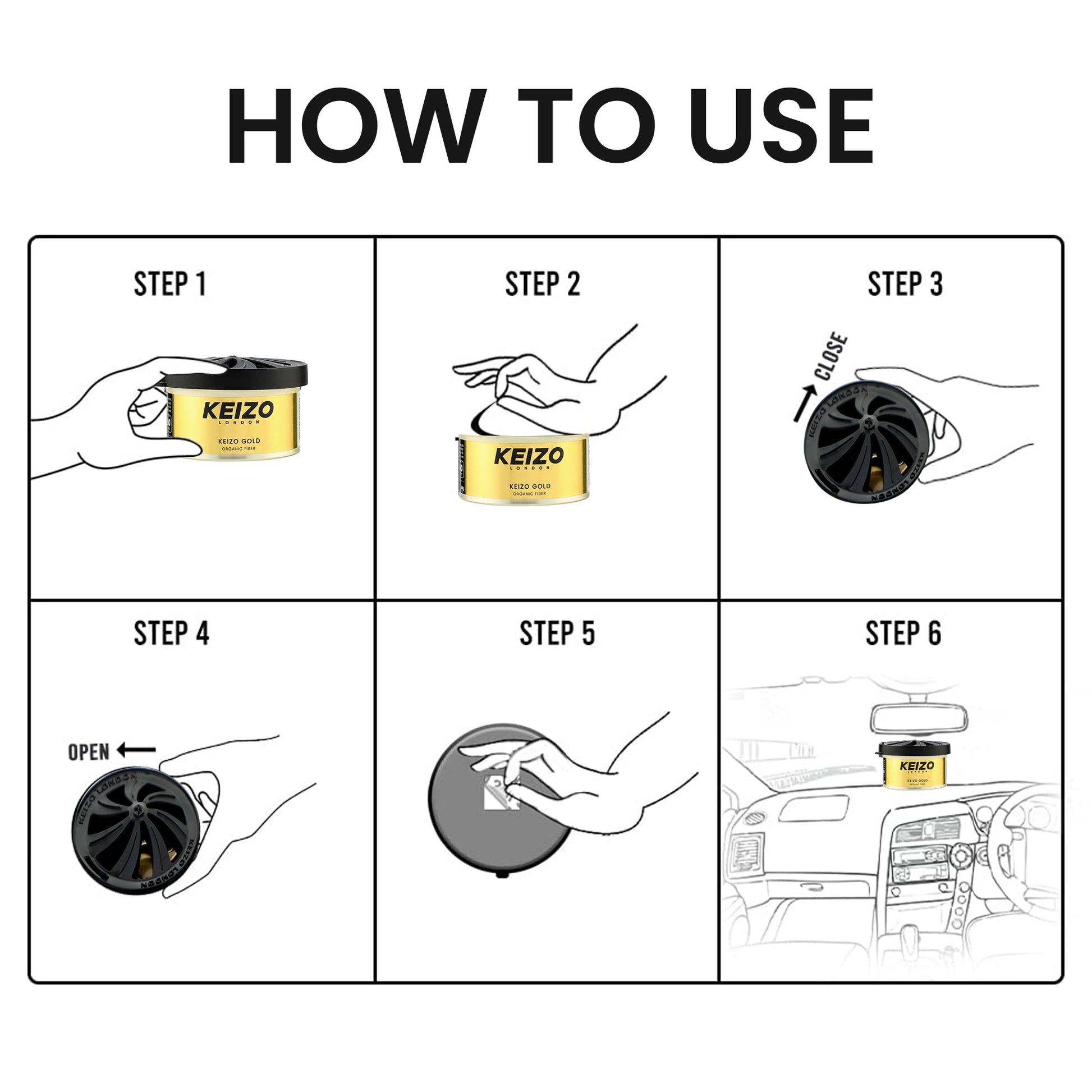 Follow six easy steps to use Keizo London Gold 40g Car Perfume: open, twist to unlock, close for dose, twist open again, peel film, and place on your dashboard for a golden fragrance by Keizo.