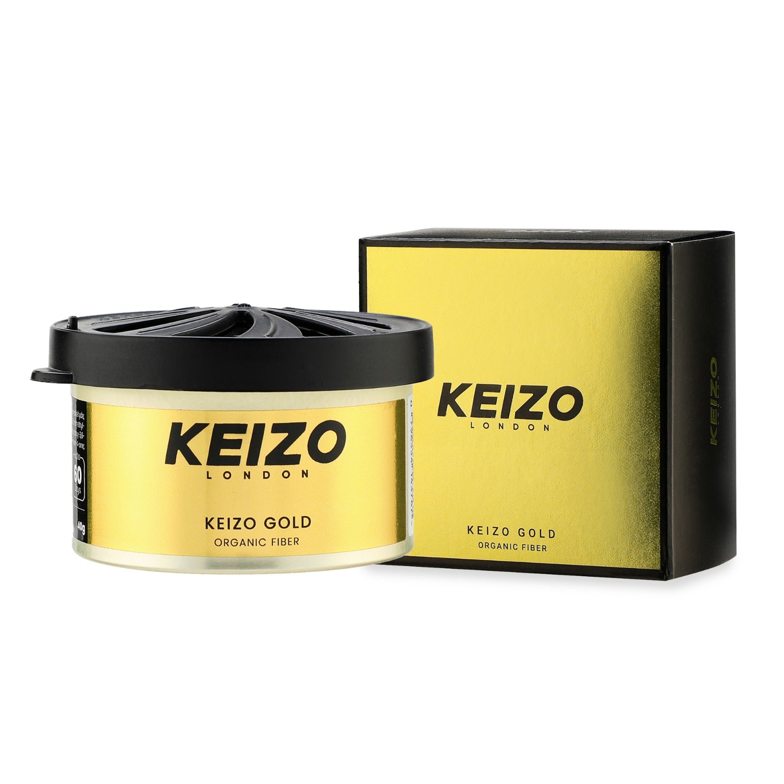 A luxurious gold and black Keizo London Gold 40g Car Perfume by Keizo sits beside its matching box, both elegantly displayed on a white background, hinting at a premium scent for your car.