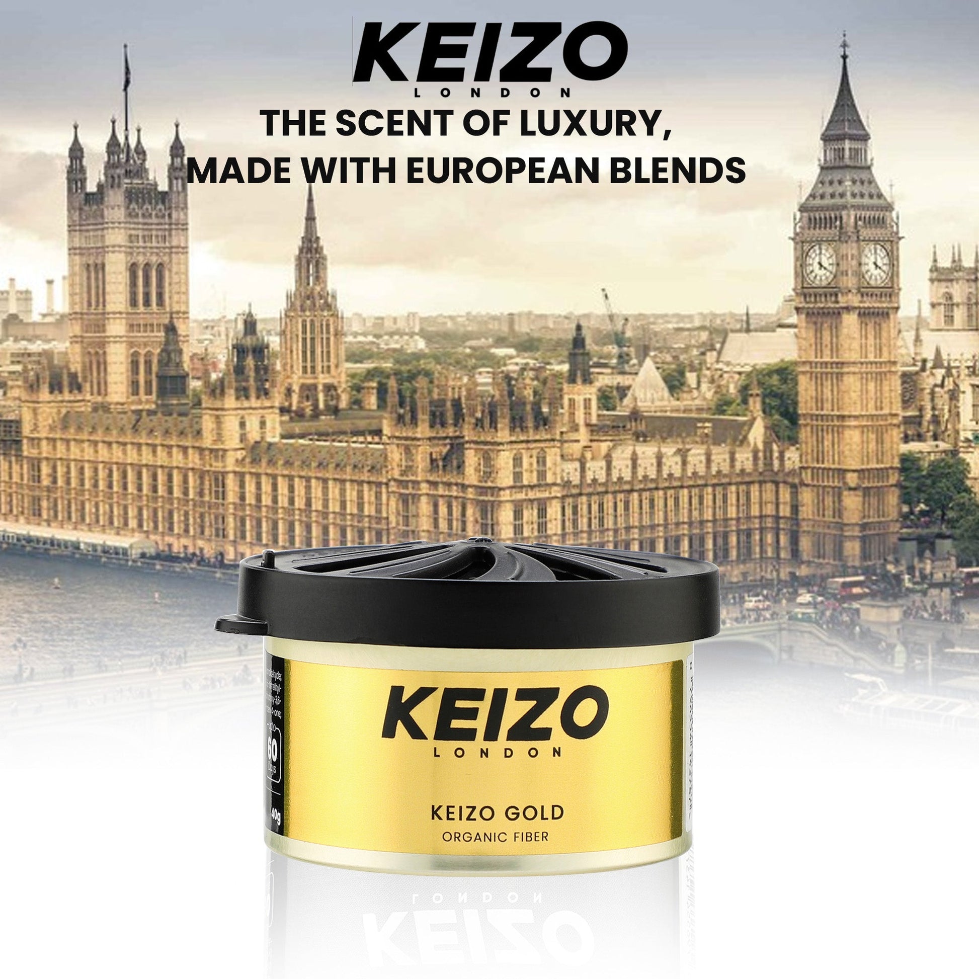 A gold and black Keizo London Gold 40g Car Perfume sits in front of Big Ben and the Houses of Parliament. Text above reads: KEIZO LONDON. Experience the golden scent of luxury, crafted with premium European blends.