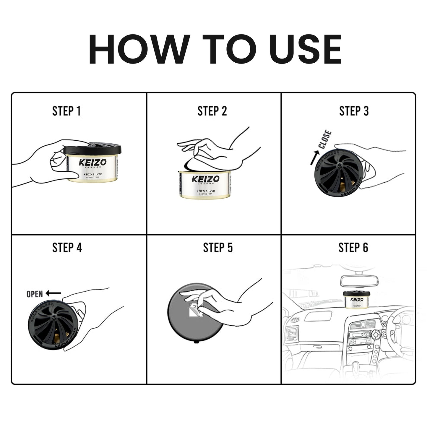 A six-step illustrated guide shows how to open, twist, and place the Keizo London Silver 40g Car Perfume in your car, leaving it on the dashboard for modern freshness that elevates your driving experience.