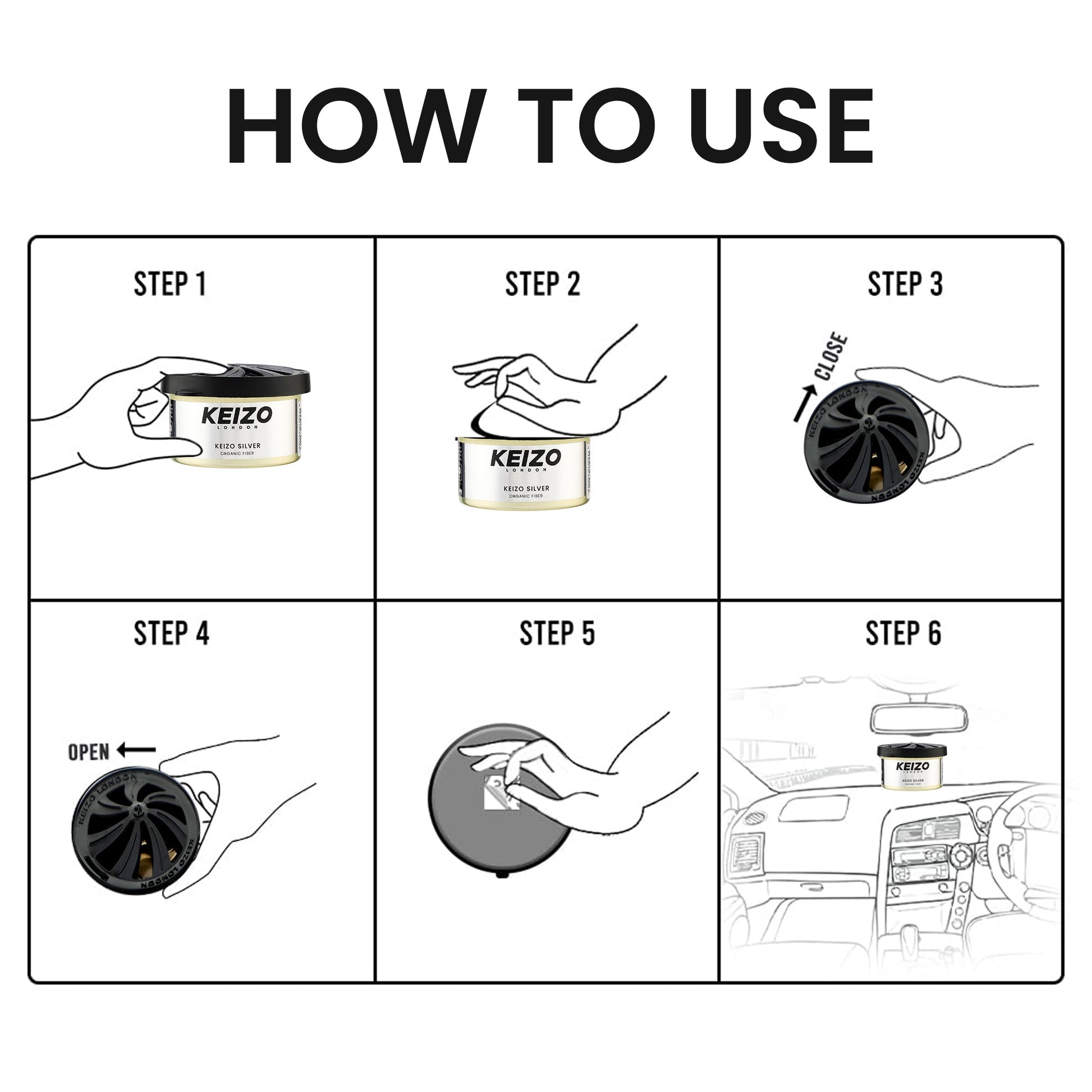 A six-step illustrated guide shows how to open, twist, and place the Keizo London Silver 40g Car Perfume in your car, leaving it on the dashboard for modern freshness that elevates your driving experience.