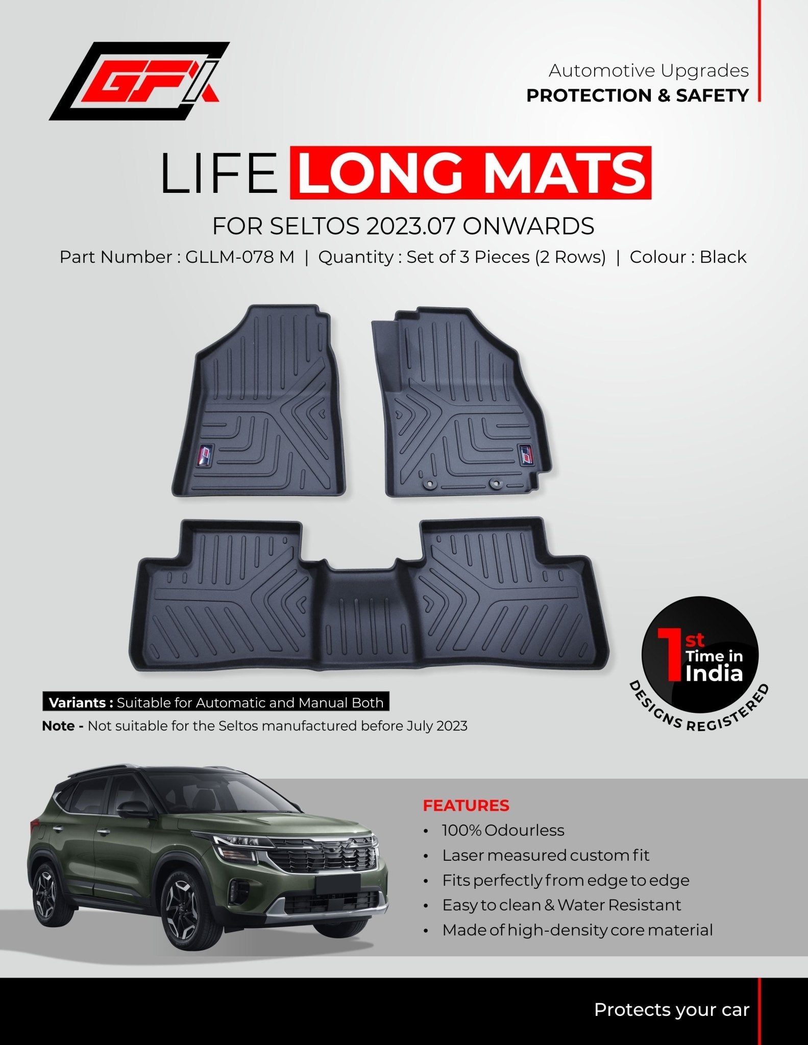 Promotional flyer for GFX Life Long Car Floor Mat, custom-fit for Kia Seltos 2023 onwards; shows three black mats, features list, green Seltos car, and product info in red, black, and white. Ideal accessory by GFX.