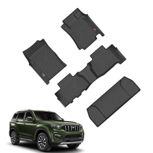 Four GFX Life Long Car Floor Mats for Mahindra Scorpio N (Automatic) provide precision-fit, waterproof protection. Shown above a dark green SUV on a white background, these mats offer all-weather defense for your vehicle’s interior.