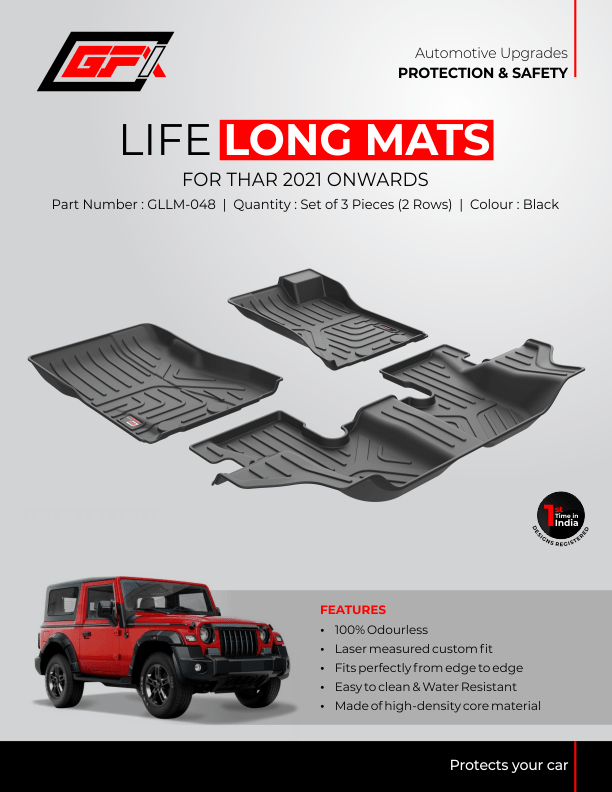 Promotional poster showcasing GFX Mahindra Thar GFX Life Long Car Floor Mat in black for Thar 2021 onwards; three mats displayed above a red Thar SUV, with key features on a grey background highlighting superior floor protection.