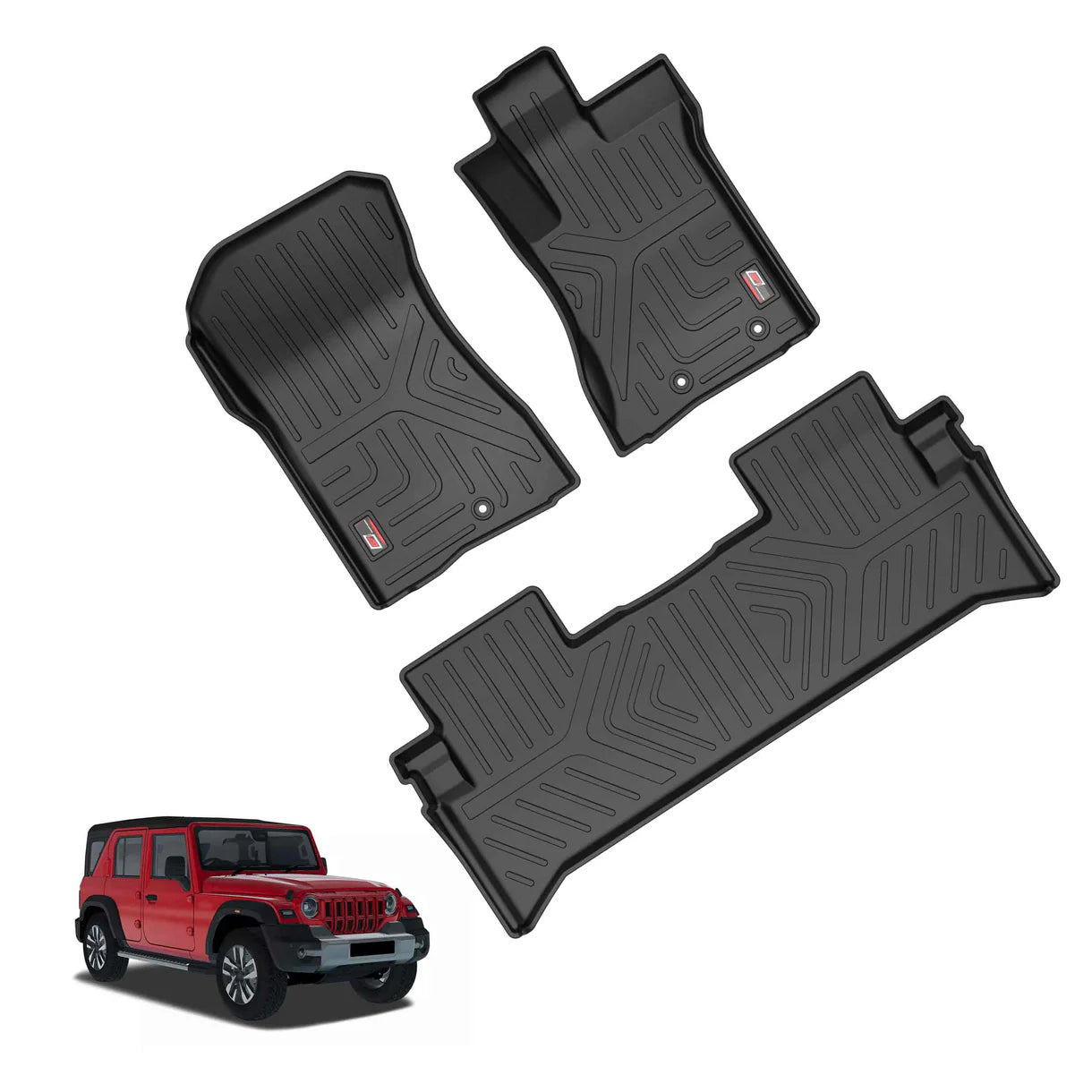 The GFX Mahindra Thar Roxx (Automatic) Life Long Car Floor Mat set offers rugged, contoured black mats for all-weather protection and superior grip, shown above a red Jeep SUV.