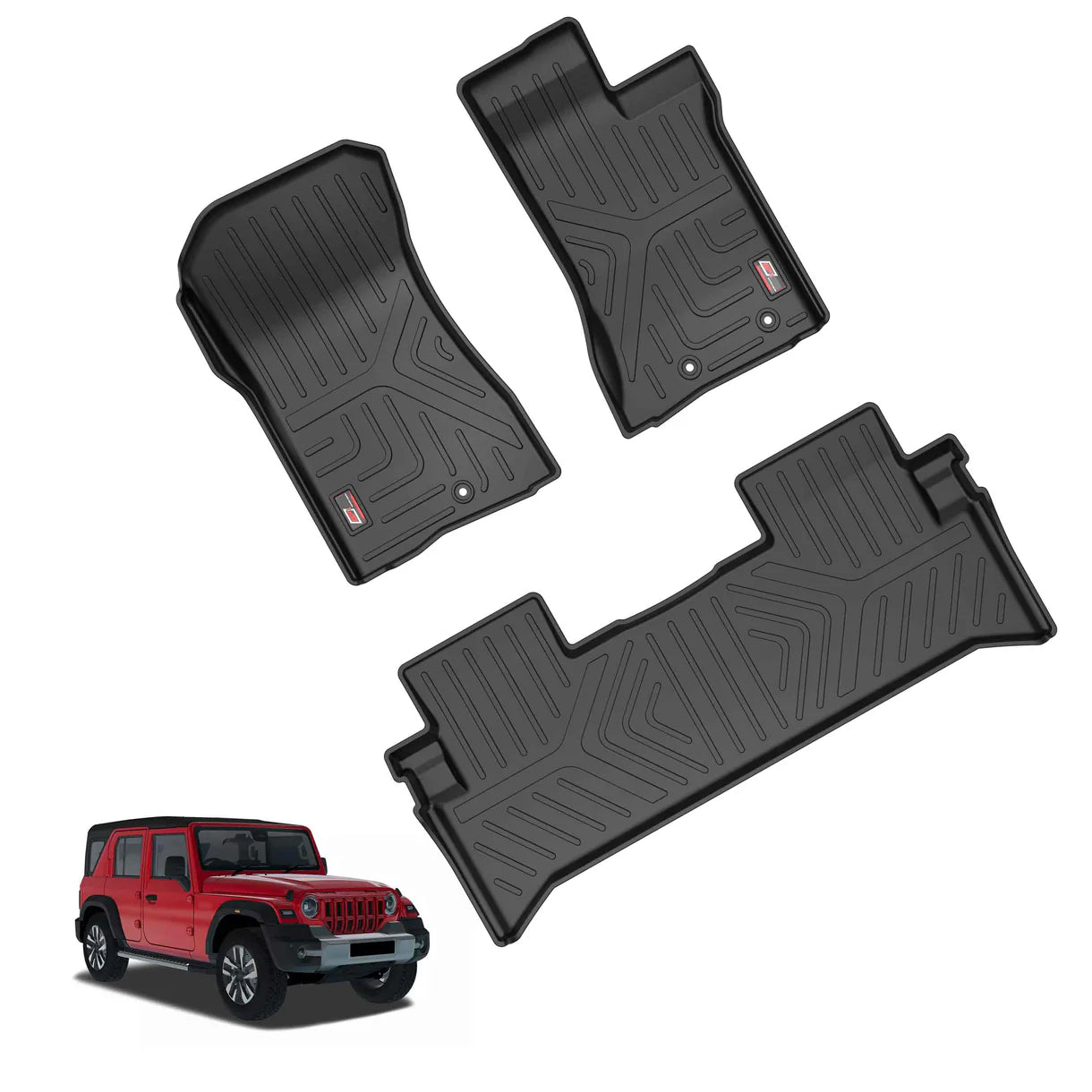 Three black GFX Life Long Car Floor Mats for Mahindra Thar Roxx (Manual) are shown above a red four-door SUV on a white background.