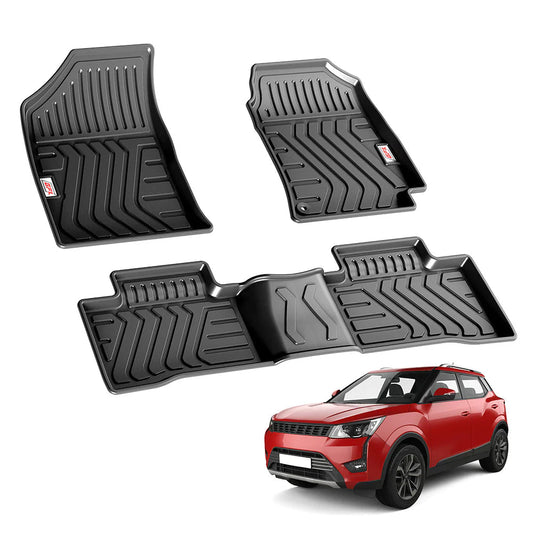Three black GFX Life Long Car Floor Mats, designed for the Mahindra XUV300 (Automatic), are shown on a white background above the vehicle. These mats, by GFX, feature textured grooves for superior dirt and moisture protection on front and rear floors.