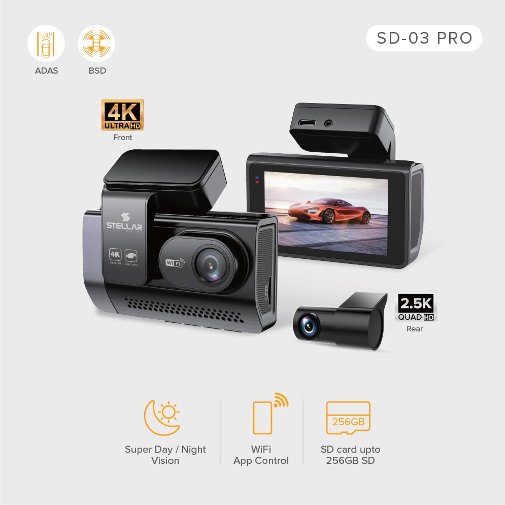 STELLAR DRIVE SD - 03 Pro™ 4K + 2.5K Dual Channel Smart Dash Camera with ADAS , BSD & Hardwire in the Box - TurboCars