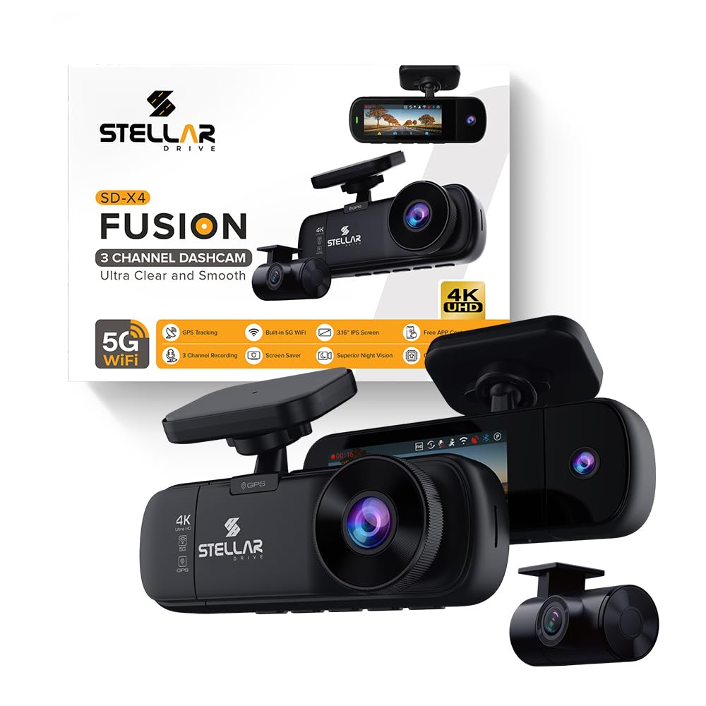 STELLAR DRIVE SD - X4 FUSION™ 4K Ultra HD 3 - Channel Car Dash Cam | Front + Rear + Cabin Recording | GPS Tracking | Built - in 5G WiFi | G - Sensor | Loop Recording | Free App Control | Hardwire In the Box - TurboCars