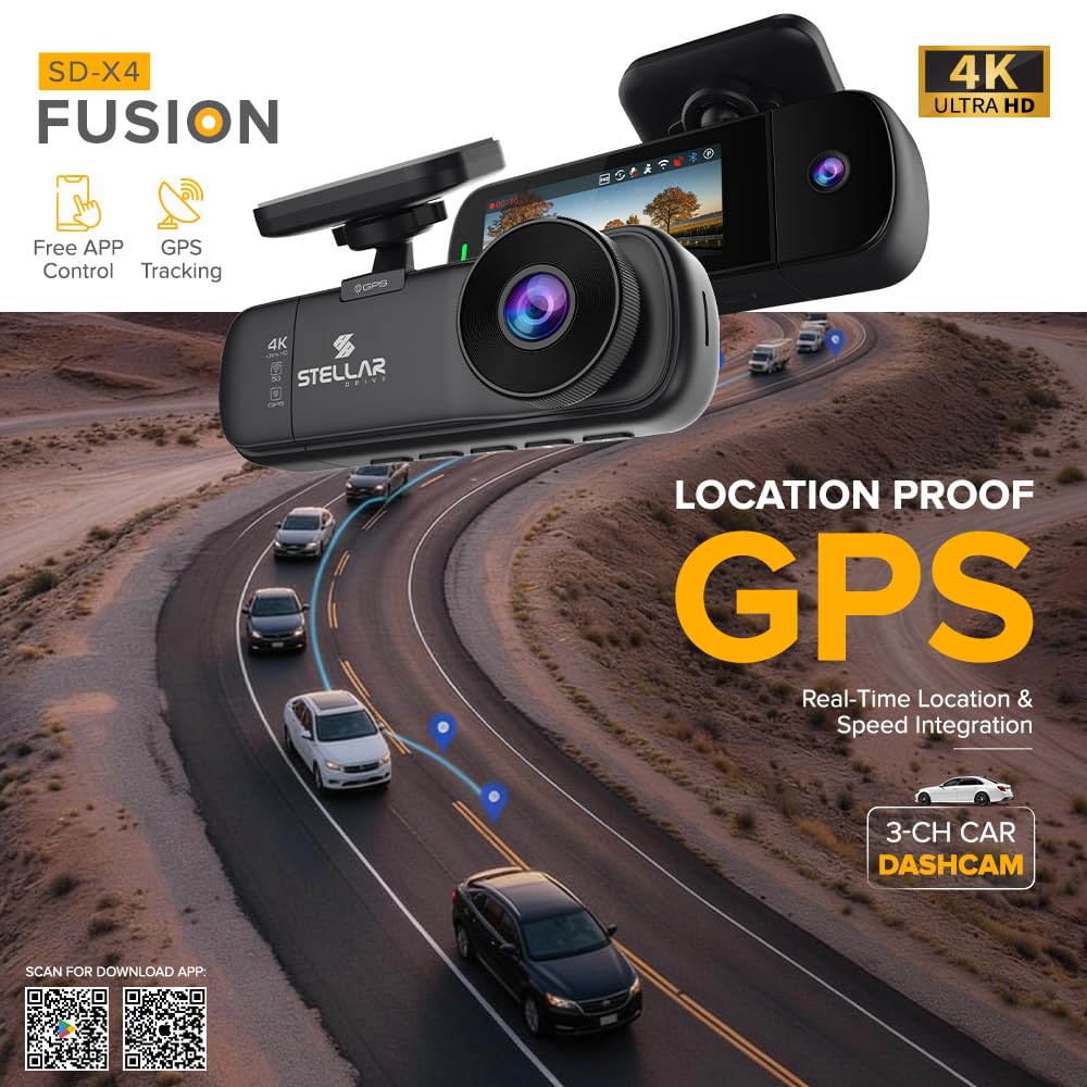 STELLAR DRIVE SD - X4 FUSION™ 4K Ultra HD 3 - Channel Car Dash Cam | Front + Rear + Cabin Recording | GPS Tracking | Built - in 5G WiFi | G - Sensor | Loop Recording | Free App Control | Hardwire In the Box - TurboCars